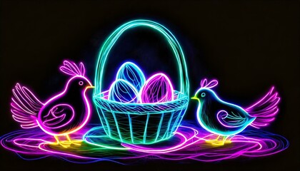 Wielkanocna neonowa ilustracja z pisankami, koszykiem i kurczątkami