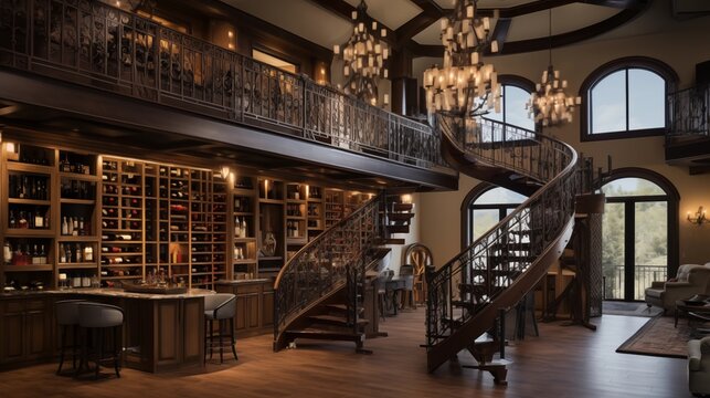 Dramatic two-story wine tasting room with rolling library ladder and wrought iron railings