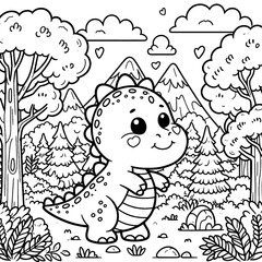 Cartoon dragon in the forest. Children coloring book an ancient animal. Vector, generative ai.