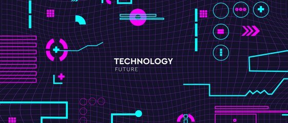 Pattern technology in cyberpunk style. Abstract 3d network for social media posts, mobile apps, cards, invitations and banners design. Vector illustration.