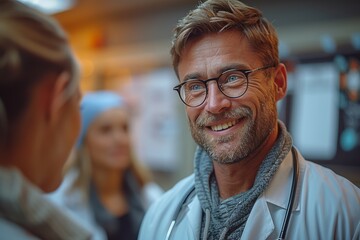Obraz premium a smiling doctor with a stethoscope is standing next to his patient, in the style of cinematic storytelling