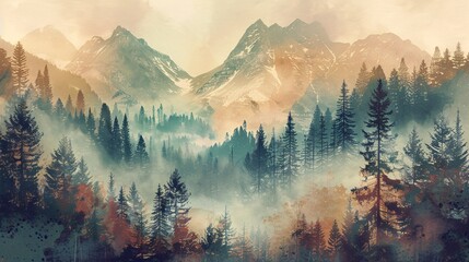 a captivating vintage landscape, misty autumn fir forest enveloped in fog, with rugged mountains and towering trees. Embrace hipster retro vibes - 767915866