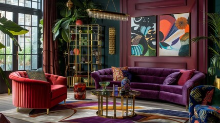 Elegant interior design of a spacious living room with plush velvet sofas, modern art pieces, and...