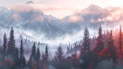 Foto op Plexiglas a captivating vintage landscape, misty autumn fir forest enveloped in fog, with rugged mountains and towering trees. Embrace hipster retro vibes © growth.ai