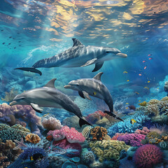 Dolphin in a coral reef with corals and fish
