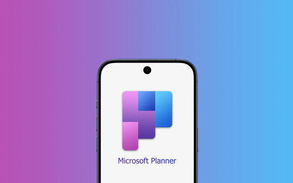 2024 Microsoft Planner logo is displayed on a modern smartphone, purple gradient background, planning application of Microsoft 365, Copilot, artificial intelligence, management, sharing, organization