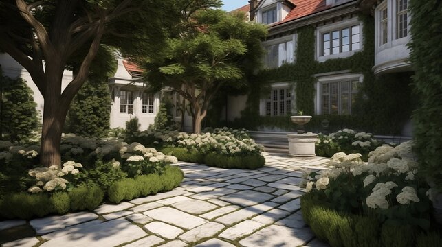 English garden courtyard with stone pathways, formal landscaping, and decorative trellising