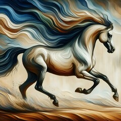 a painting of a horse with black tail and white mane