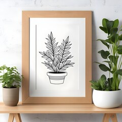 Adorable clay plant pot and white plant pot on a smooth wood-colored table and a modern wooden frame
