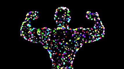 Beautiful illustration of strong human with colorful particles on plain black background