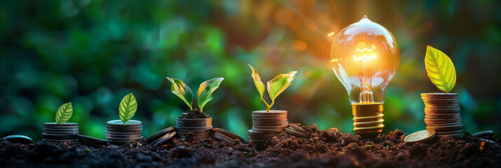 A light bulb glowing with coins and a plant growing on the ground,  financial growth concept,banner - obrazy, fototapety, plakaty