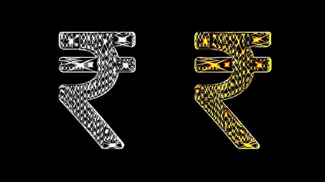 Beautiful illustration of silver and golden Indian rupee symbol on plain black background