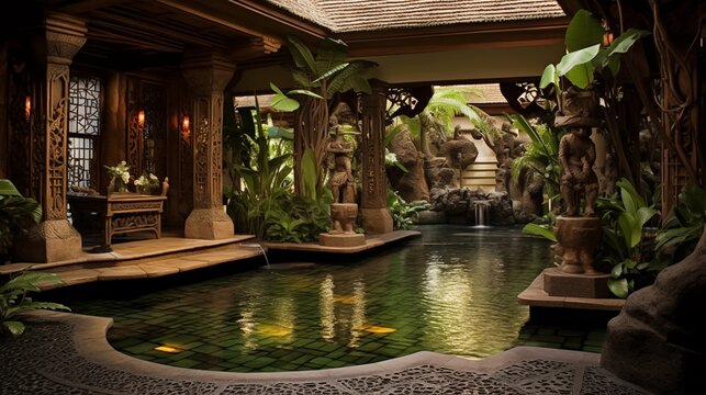 Exotic Balinese indoor courtyard with carved wood pavilions, reflecting pools, tropical plantings and stone water features
