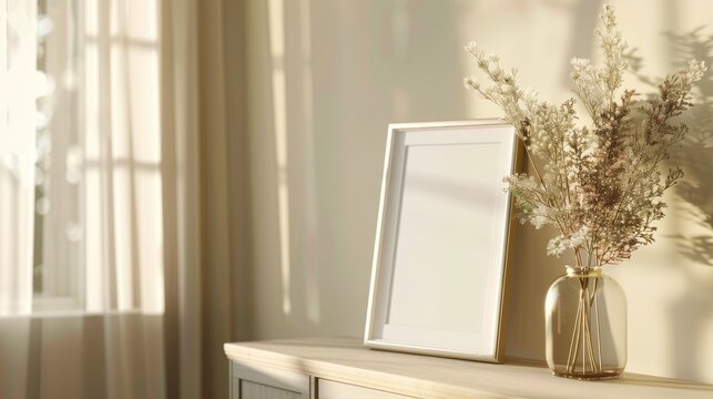 3D mockup of a sideways picture frame sitting on an elegant sideboard. Has natural lighting and is shown in closeup with highly detailed that create a serene atmosphere and a dreamy mood.  