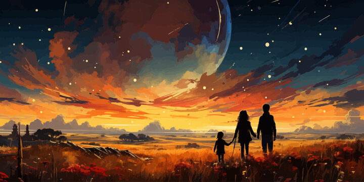 brother and sister in a meadow looking at meteors in the sky, digital art style, illustration painting