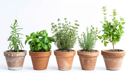 5 types of garden herbs in pots, white background, photographic   - obrazy, fototapety, plakaty