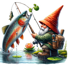 Trout fishing. Cartoon fishing gnome Transparent background.
