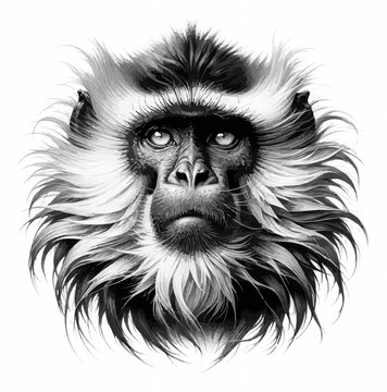 ritratto di scimmia in bianco e nero con sguardo intenso e pelliccia fluttuante. Generative AI