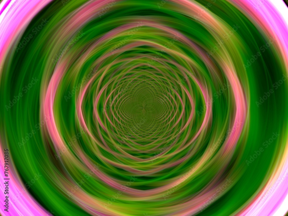 Poster vortex with circle shapes, green and pink colors - abstract graphic with effect of depth of space, m