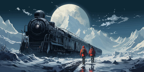 A train is on a track in the snow with two people walking on the tracks - obrazy, fototapety, plakaty