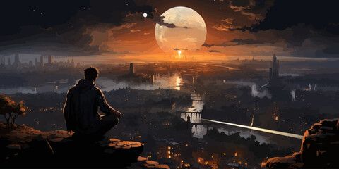 A man is sitting on a ledge overlooking a city with a large moon in the sky