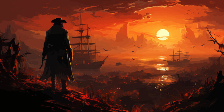 pirate standing on treasure pile against ruined ships at sunset,illustration painting