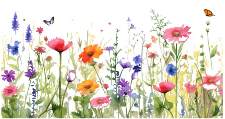 A colorful field of flowers with butterflies and a butterfly on the right