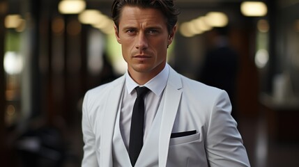 Portrait of a handsome man in a white suit. Men's beauty, fashion. - obrazy, fototapety, plakaty