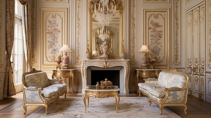 French Provincial salon featuring Versailles patterned parquet, ornate gilded mirrors, and Toile de Jouy upholstery - obrazy, fototapety, plakaty