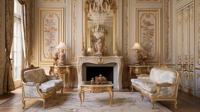 French Provincial salon featuring Versailles patterned parquet, ornate gilded mirrors, and Toile de Jouy upholstery