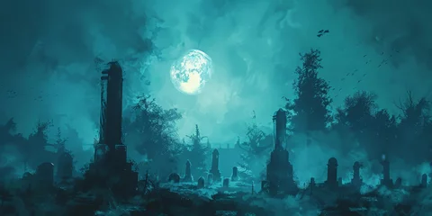 Fotobehang A spooky graveyard at night with tombstones, fog, and ominous moonlight in shades of blue green background, Spooky Cemetery With Moon  halloween,scarry night horror, banner   © Planetz