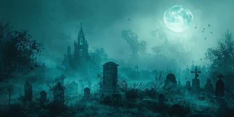 Fototapeta na wymiar A spooky graveyard at night with tombstones, fog, and ominous moonlight in shades of blue green background, Spooky Cemetery With Moon halloween,scarry night horror, banner 