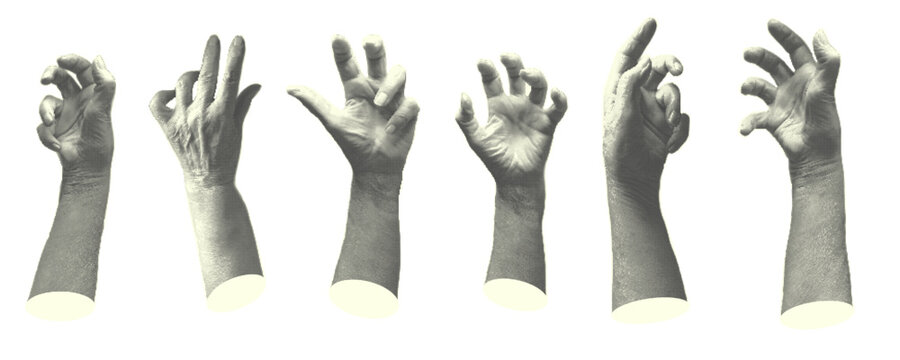 Set statue old women hands halftone style for collage design. Halloween zombie hand. Decoration banner for 31 Oktober events. Isolated on White background. Contemporary modern art. Vector illustration
