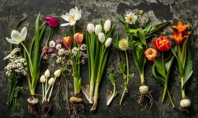 spring bulb tulip assorted crocus flowers on a stone cement natural rustic background, collection of colorful vibrant blooms arranged naturally on counter, mothers day, summer, easter concept - Powered by Adobe