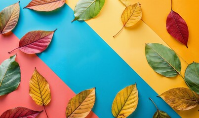 Leaf flat lay on bright colors, beach aspen birch leaves, fall spring summer, yellow, orange blue, green, shot from above
