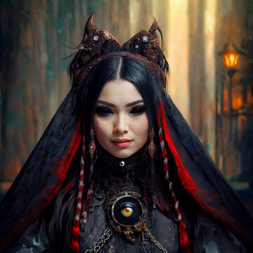 Portrait of a witch in a dark forest