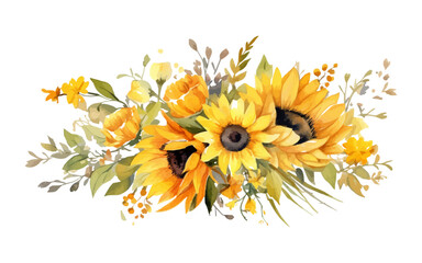 Watercolor illustration sunflowers, summer, autumn yellow, orange flowers, fall -