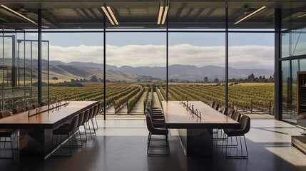 Glass and steel modern winery tasting room overlooking vineyards and barrel room
