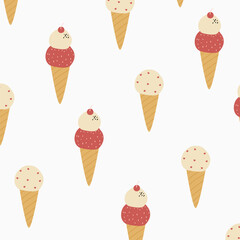 Cute Childish seamless pattern ice cream with cone on white suitable for fabric prints, wrapping paper, kids clothing, Kids Apparel, Surface Design, Packaging Pattern