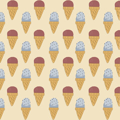 Cute Childish seamless pattern ice cream with cone on yellow boho suitable for fabric prints, wrapping paper, kids clothing, Kids Apparel, Surface Design, Packaging Pattern