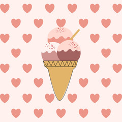 Cute Childish seamless pattern ice cream with cone, wafer roll and love on boho pink suitable for fabric prints, wrapping paper, kids clothing, Kids Apparel, Surface Design, Packaging Pattern