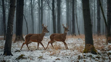 Selbstklebende Fototapeten Running roe deer in forest. © Nature Creative