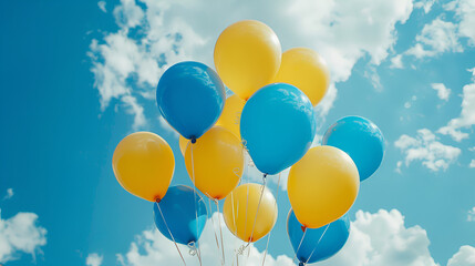 blue and yellow balloons in the city festival on blue sky, generative Ai