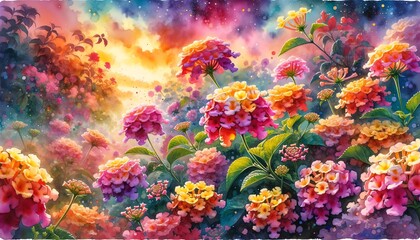 Fototapeta na wymiar Vibrant Watercolor Painting of Lantana Flowers