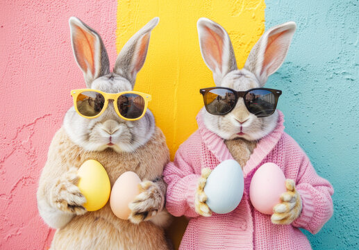 
Trendy rabbit couple with sunglasses holding pastel Easter eggs. Perfect for a stylish seasonal showcase.