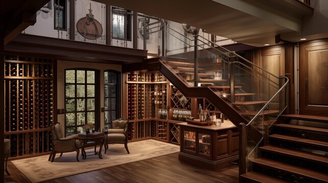 Glass-enclosed walk-through wine cellar with rolling ladder and tasting bar