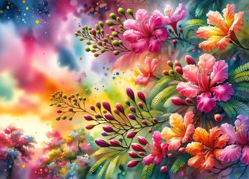 Vibrant Watercolor Painting of Jamaican Rain Tree Flowers