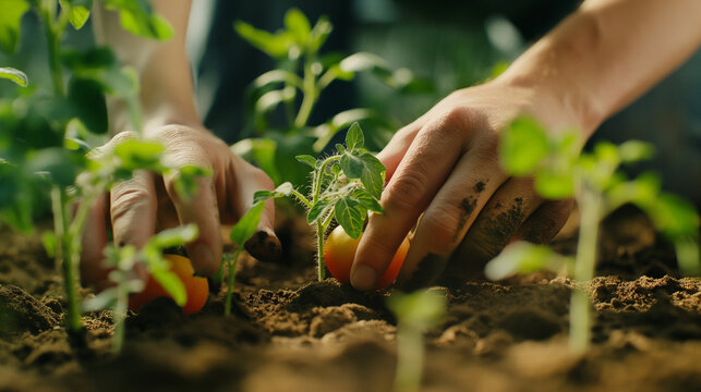 Human hands planting sprouts of tomatos in greenhouse. Concept of farming and planting