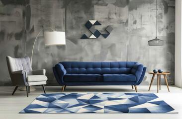 Modern living room with a blue sofa and armchair near a geometric carpet on a gray wall, white furniture in a bright interior of a modern home