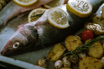 seabass fresh marinated fish with sweet onions, lemon, potatoes, cherry tomatoes and rosemarin in oven tray and baking paper ready to cook